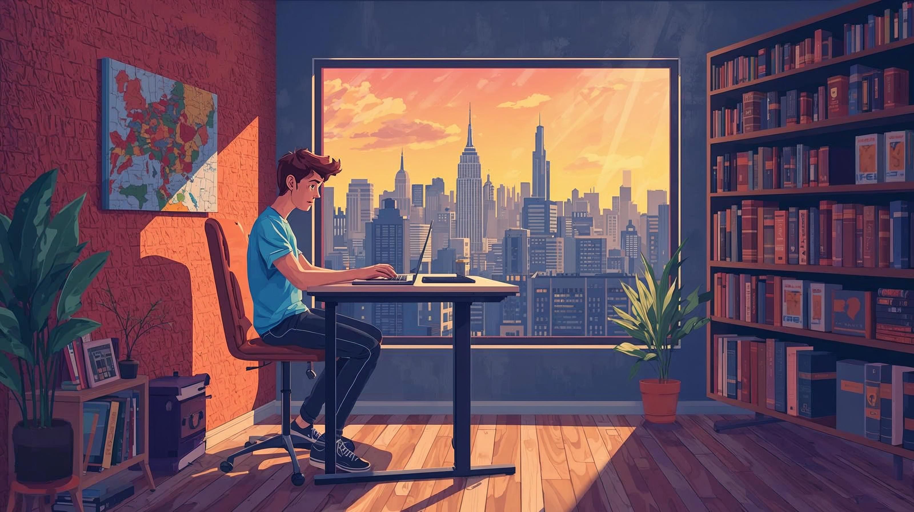 A vibrant, stylized digital illustration of a young man working on a laptop in a high-rise apartment. The character sits at a minimalist desk facing a large floor-to-ceiling window that offers a sweeping view of a city skyline—resembling New York City—during a golden-hour sunset. To his right is a large, floor-to-ceiling bookshelf filled with books. The room features a red brick wall with a world map and indoor plants. The scene is bathed in warm, orange light, creating a peaceful and studious atmosphere.